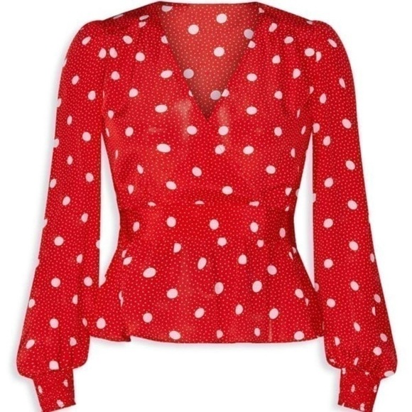 The Kooples Red Polka Dot Faux Wrap Top Size 3=L - Picture 3 of 12